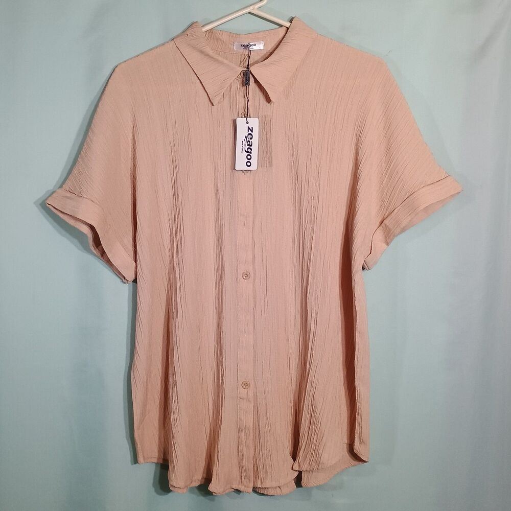Zeagoo Women’s Blush Pink Button-Up Shirt – Textured Short Sleeve